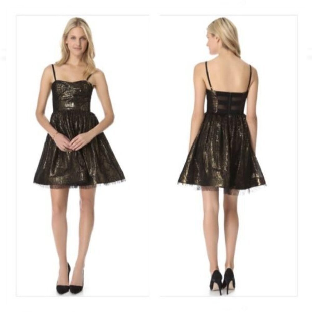 ALICE OLIVIA Black Lace Gold Lame Cocktail Dress Size 2 Bustier Top Fit & Flare